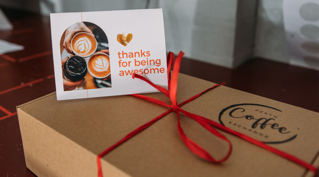 Coffee gifts box with a fun card saying "Thanks for Being Awesome" the box isfilled with coffee beans from Perth coffee roasters
