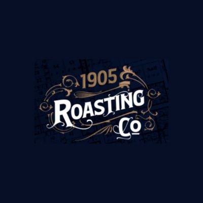Perth Logo of "1905 Roasting Co." on a dark blue background, featuring ornate white and gold script and decorative elements, exuding a vintage feel.
