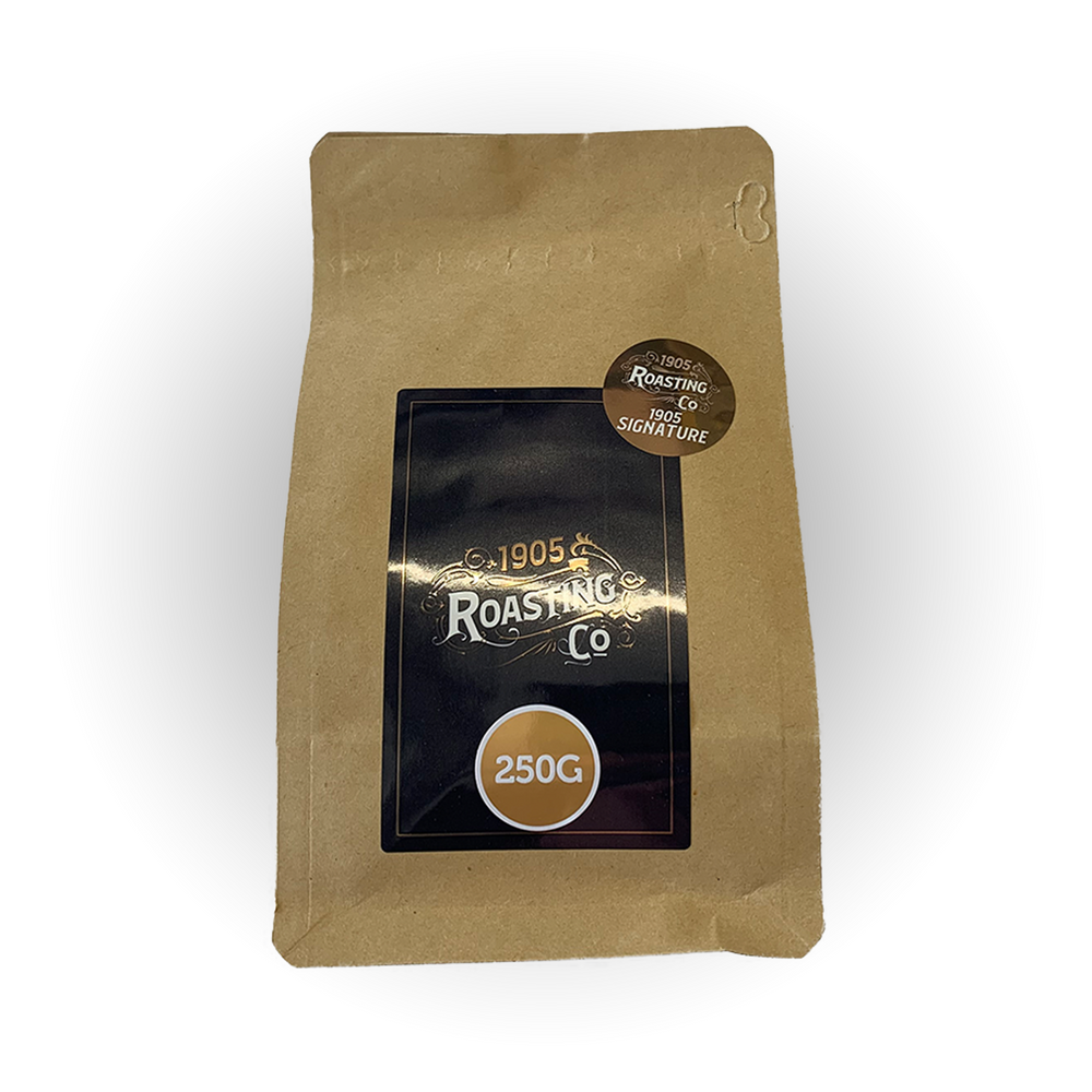 A brown paper bag of Perth coffee labeled "1905 Roasting Co." with a 250g weight indicator, on a plain white background.