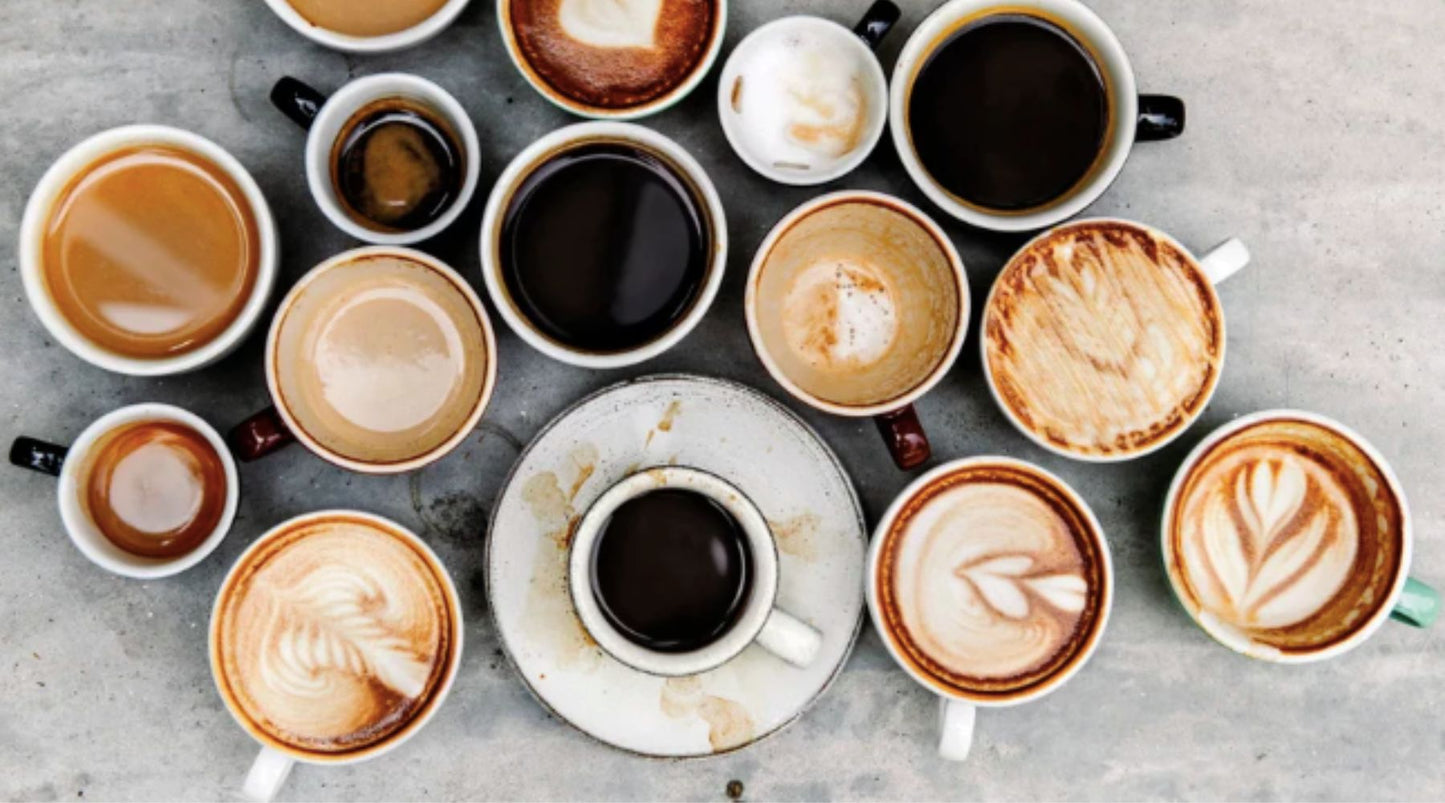 coffee styles explained visually with multiple cups of coffees made different ways