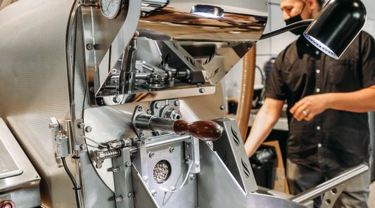 Local Perth Coffee Roaster, Rummy roasting coffee beans in the middle of Perth CBD at Offshoot Coffees Cafe