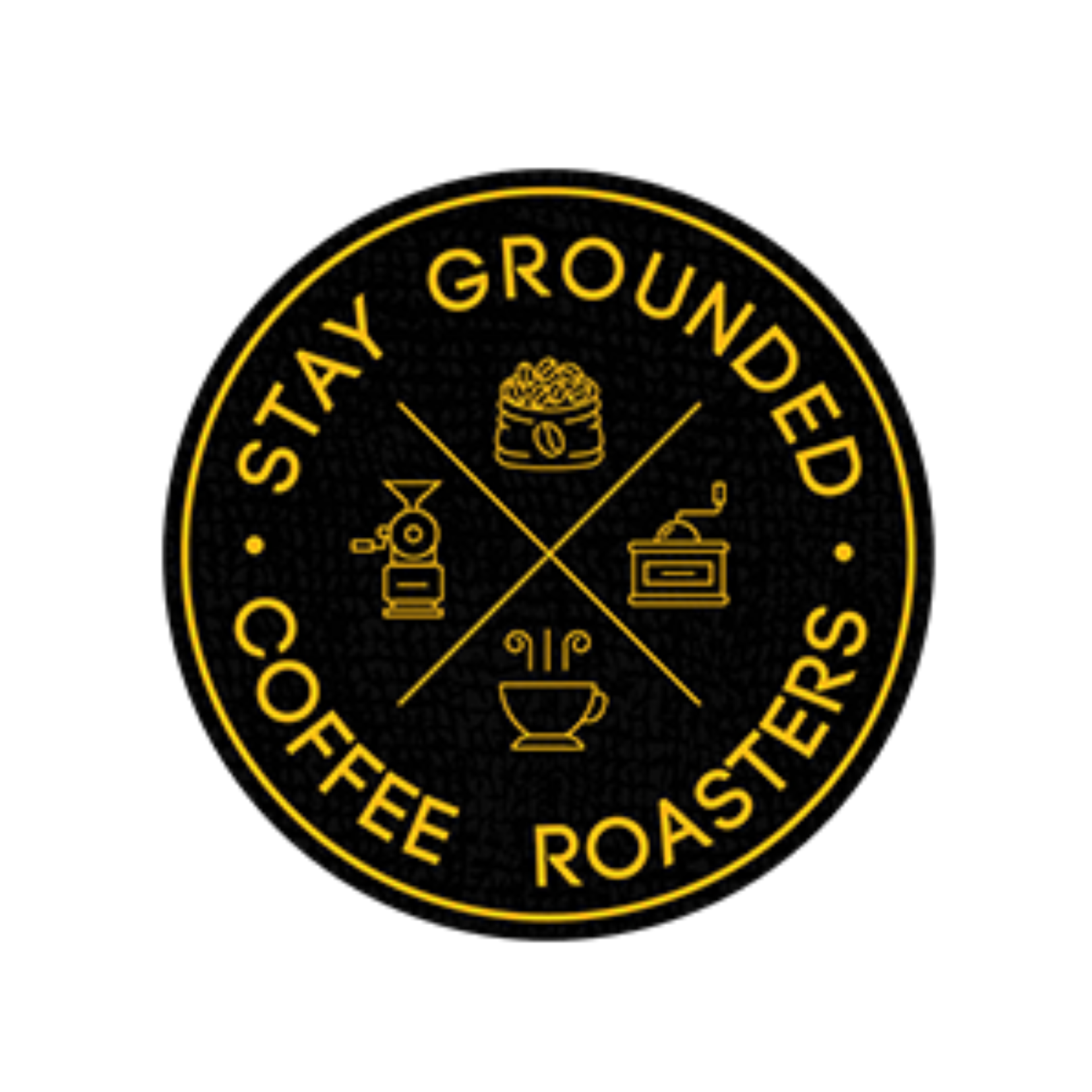 Black and gold circular logo for "Stay Grounded Coffee Roasters" featuring icons of coffee beans, grinder, and cupcake in the upper section and a coffee cup in the lower section, all enclosed within two concentric circles.