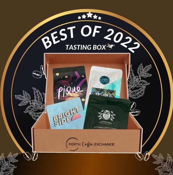Best of 2022 Tasting Box from Perth Coffee Exchange, containing three different packages of coffee brands: Brother of Mine, Pique, Bright Side, and Little Owl.