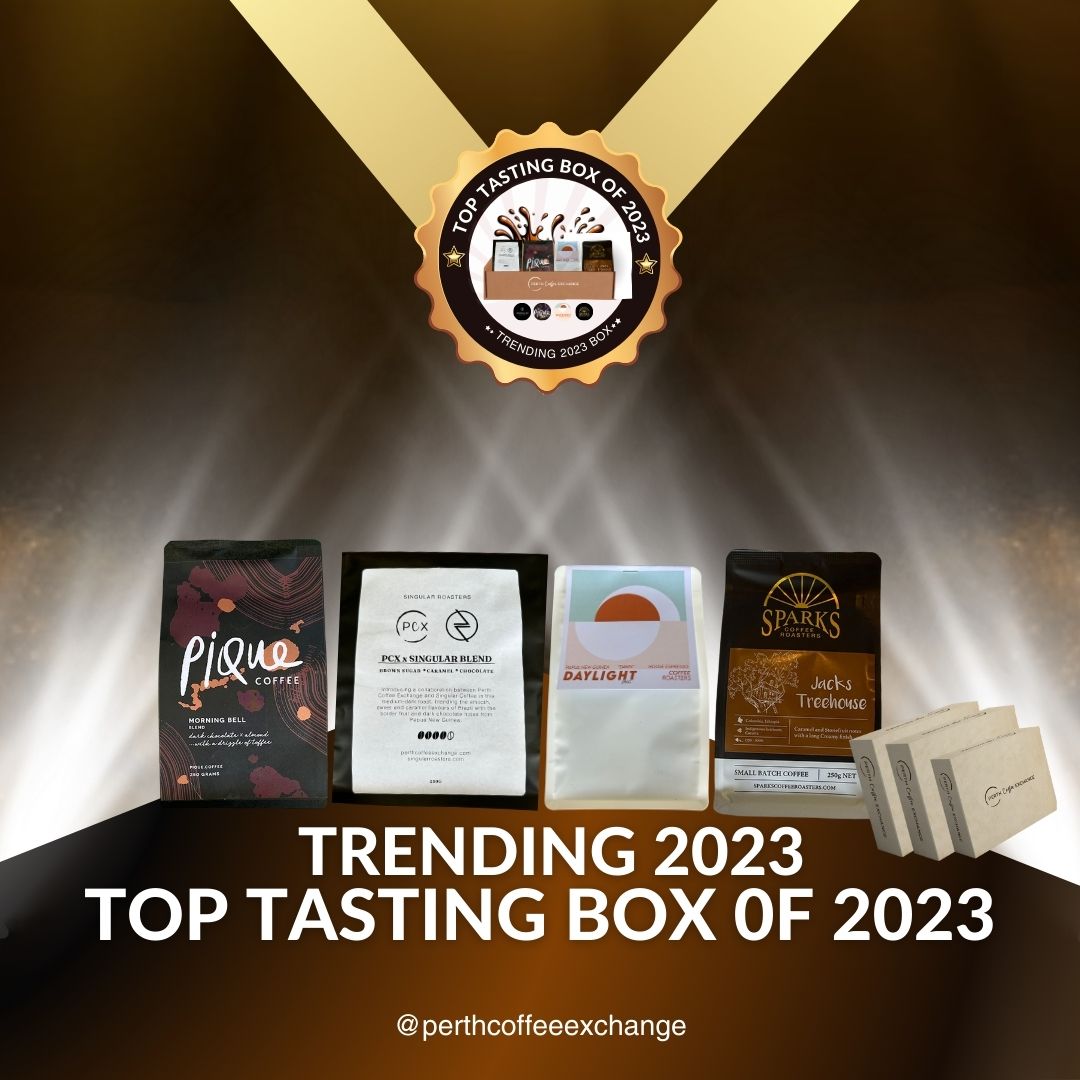 Perth "Top Tasting Box of 2023" featuring five different coffee packages displayed with a golden ribbon and spotlight, labeled as "Trending 2023" by Perth Coffee Exchange.