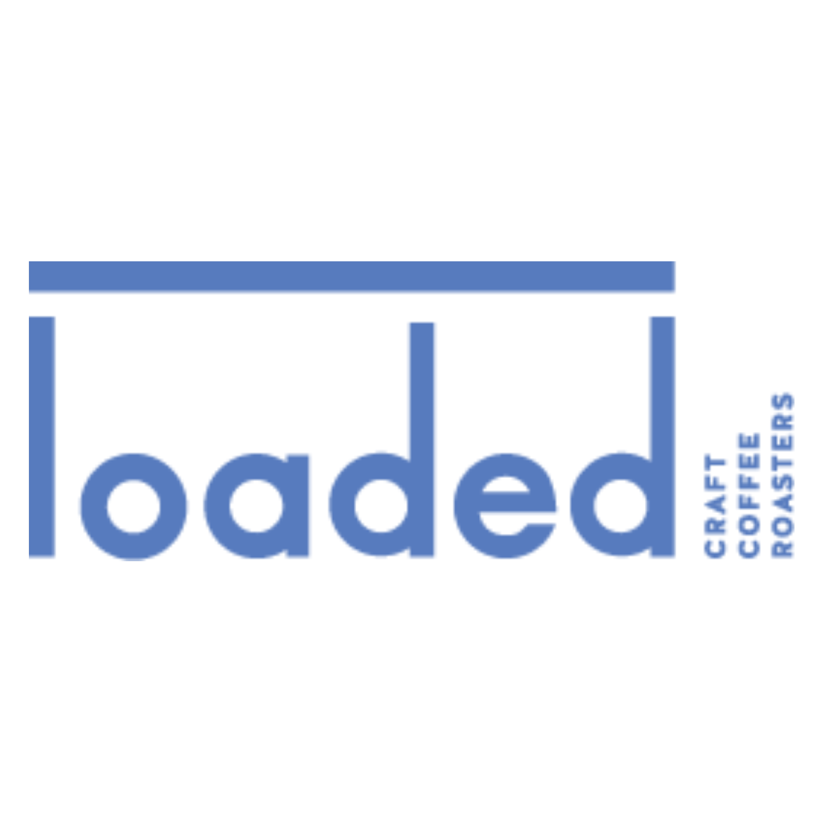 Logo of loaded craft coffee roasters featuring the word "loaded" in bold lowercase letters, with two vertical lines framing the text, all in blue on a white background.
