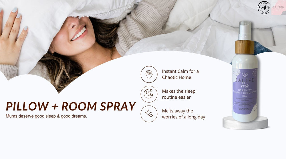 ﻿A Perth woman smiling under a cozy blanket with text promoting pillow and room spray benefits for better sleep, alongside an image of the product.