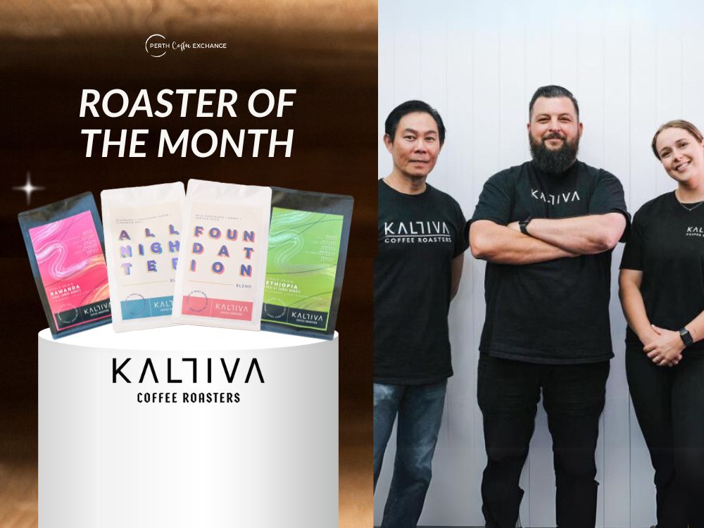 Promotional image for "Roaster of the Month" featuring Kaltiva Coffee Roasters. On the left, colorful coffee bags with the brand name; on the right, three smiling staff members stand beside each other.