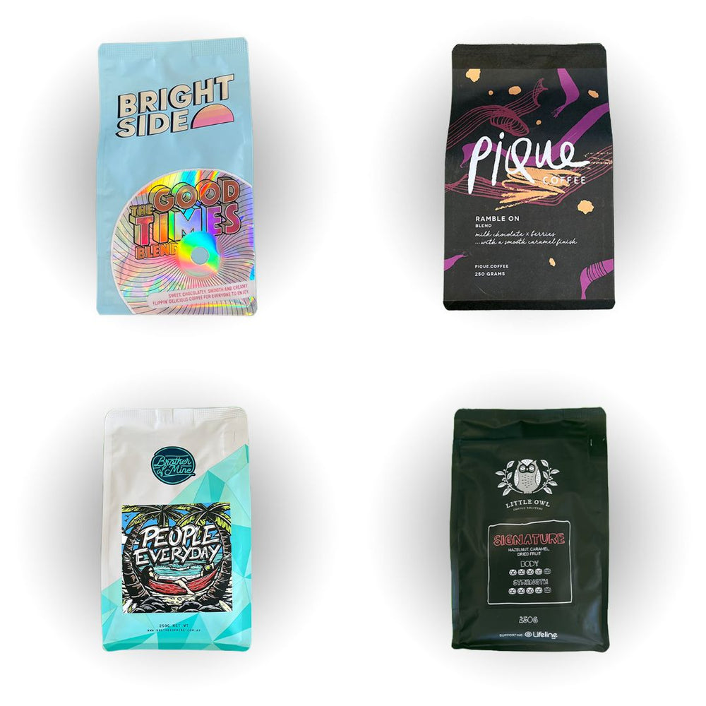 
                  
                    Four diverse Perth coffee bag designs: top left is light with "Bright Side" text, top right has vibrant, abstract designs, bottom left features a retro style, bottom right is dark with minimalist text.
                  
                